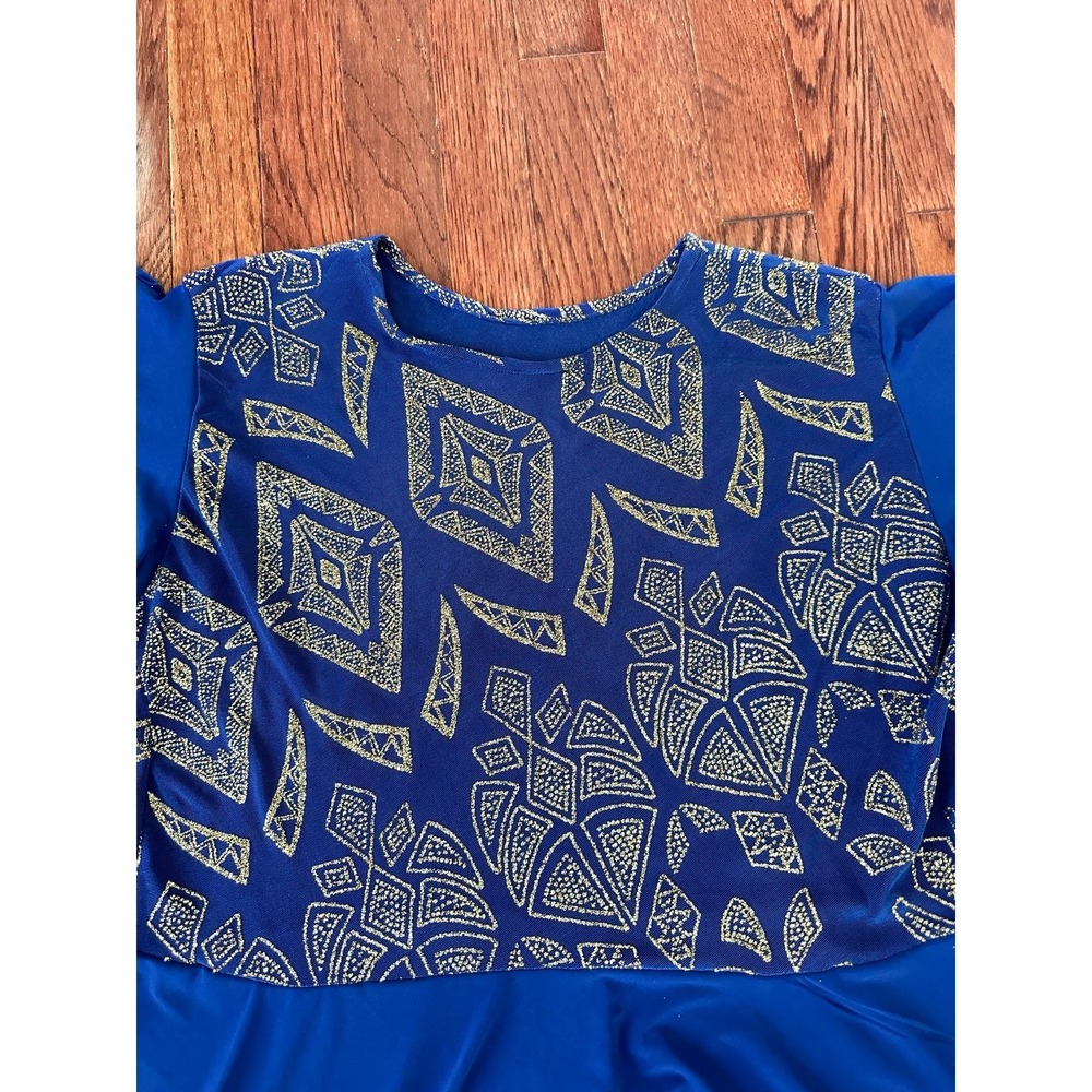 Handmade Bell Sleeve Blue Gold Glitter Unique Pattern Formal Gown Dress - Picture 7 of 12